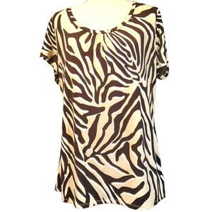 Worthington Top Size XL Brown Tan & Cream Short Sleeve Animal Print Stretch